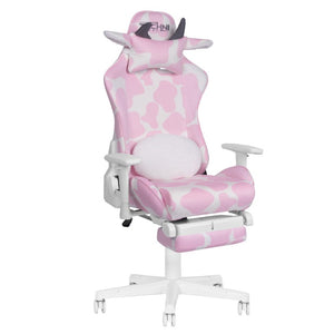 Pink Cow Print Gaming Chair with Footrest Adjustable Rolling Seat for Fun Setups