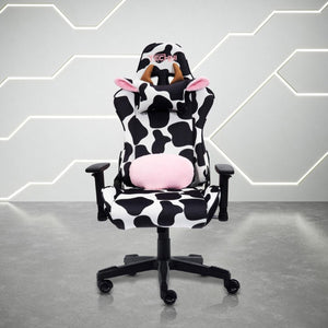 Black Cow Print Gaming Chair with Swivel Base Adjustable Height Rolling Seat