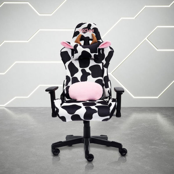 Black Cow Print Gaming Chair with Swivel Base Adjustable Height Rolling Seat