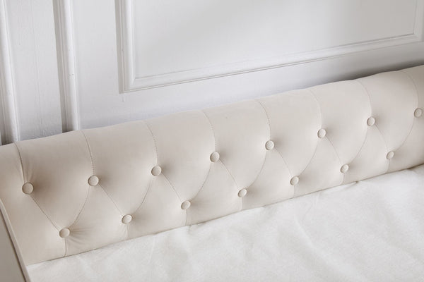English Elm Twin Velvet Daybed with Pull Out Trundle Tufted Back Usb Port and Side Pockets Beige W1361S00035