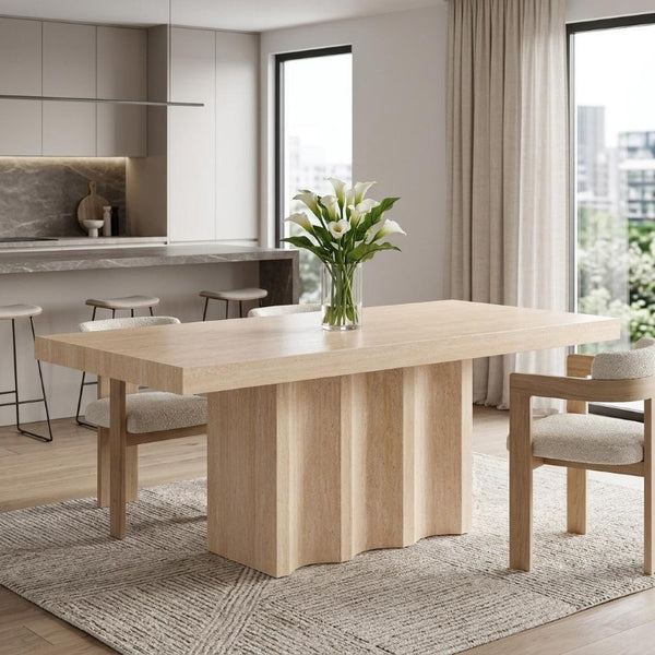 71 Inch Stone Top Pedestal Dining Table in Warm Beige for Modern Living Rooms