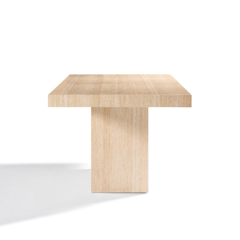 HomeRoots 71 Inch Stone Top Pedestal Dining Table in Warm Beige for Modern Living Rooms 727711