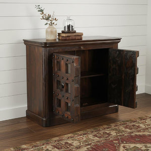 49 Inch Distressed Solid Wood Sideboard with Carved Geometric Detail and Twin Doors