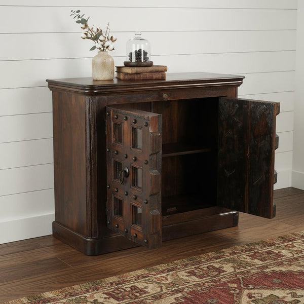 49 Inch Distressed Solid Wood Sideboard with Carved Geometric Detail and Twin Doors