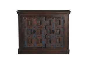 HomeRoots 49 Inch Distressed Solid Wood Sideboard with Carved Geometric Detail and Twin Doors 727724
