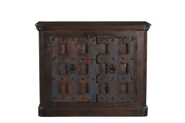HomeRoots 49 Inch Distressed Solid Wood Sideboard with Carved Geometric Detail and Twin Doors 727724