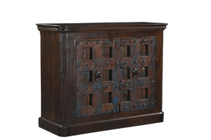49 Inch Distressed Solid Wood Sideboard with Carved Geometric Detail and Twin Doors