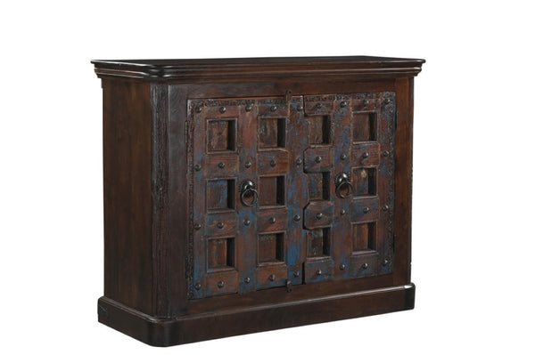 49 Inch Distressed Solid Wood Sideboard with Carved Geometric Detail and Twin Doors