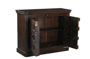 49 Inch Distressed Solid Wood Sideboard with Carved Geometric Detail and Twin Doors