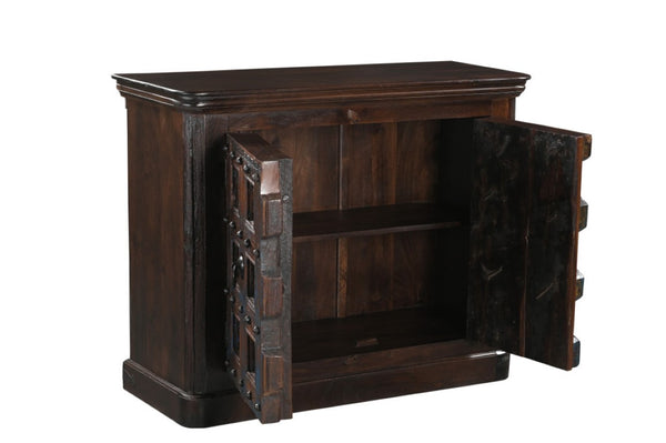 49 Inch Distressed Solid Wood Sideboard with Carved Geometric Detail and Twin Doors