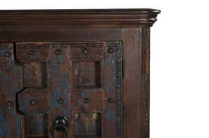 49 Inch Distressed Solid Wood Sideboard with Carved Geometric Detail and Twin Doors