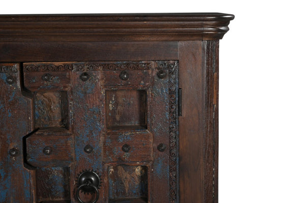 49 Inch Distressed Solid Wood Sideboard with Carved Geometric Detail and Twin Doors