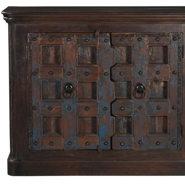 49 Inch Distressed Solid Wood Sideboard with Carved Geometric Detail and Twin Doors