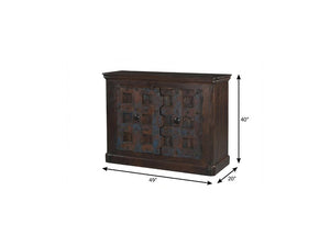 49 Inch Distressed Solid Wood Sideboard with Carved Geometric Detail and Twin Doors