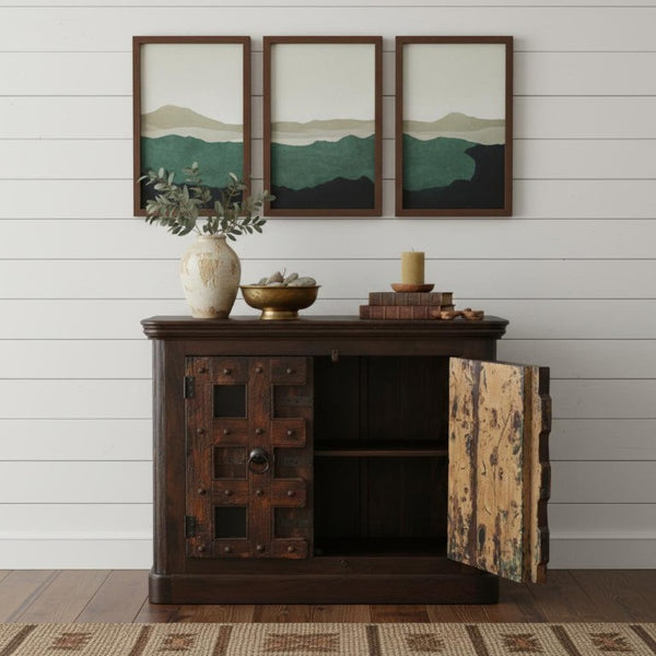 49 Inch Carved Geometric Solid Wood Sideboard Distressed Finish Two Door Dining Storage
