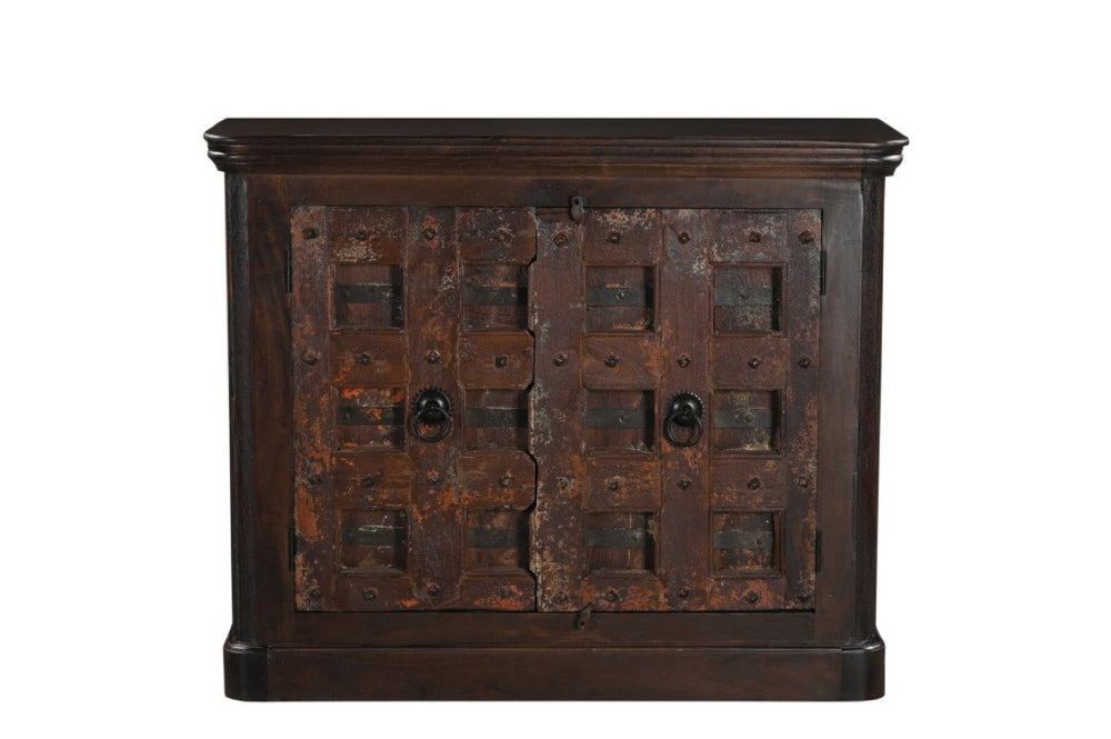 HomeRoots 49 Inch Carved Geometric Solid Wood Sideboard Distressed Finish Two Door Dining Storage 727725