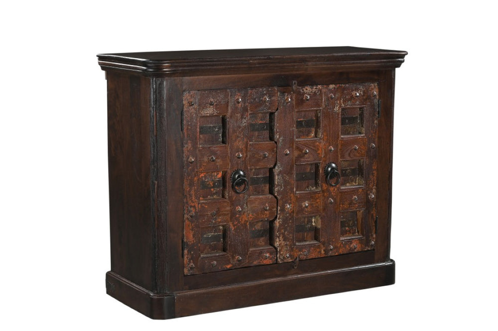 HomeRoots 49 Inch Carved Geometric Solid Wood Sideboard Distressed Finish Two Door Dining Storage 727725