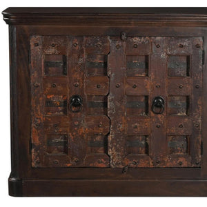 49 Inch Carved Geometric Solid Wood Sideboard Distressed Finish Two Door Dining Storage
