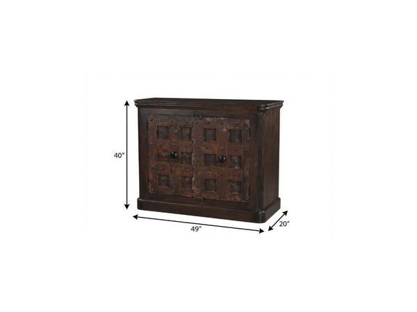 49 Inch Carved Geometric Solid Wood Sideboard Distressed Finish Two Door Dining Storage