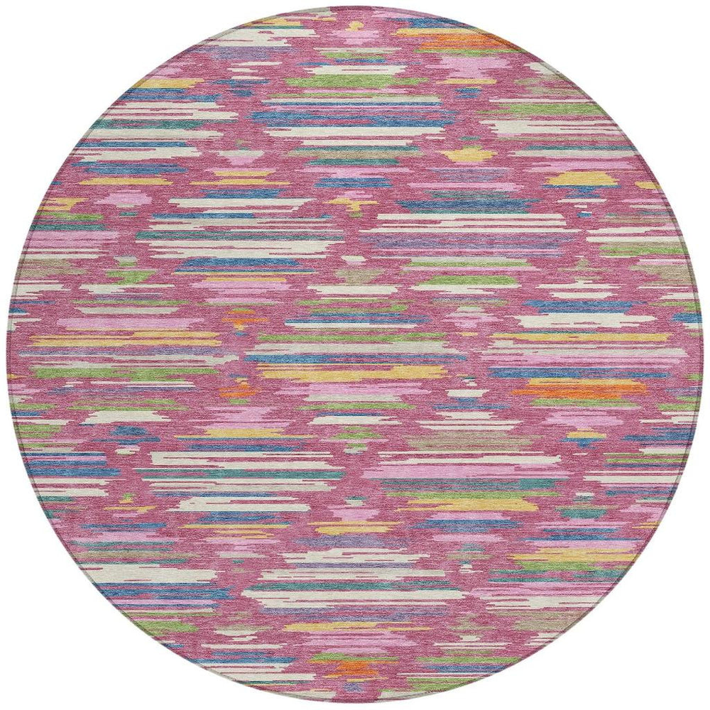 8' Round Washable Outdoor Rug Blush Ivory Southwestern Geometric Polyester Patio