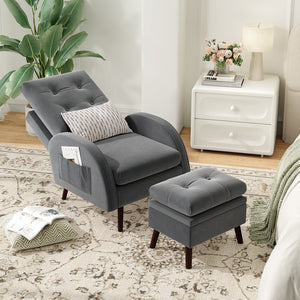 English Elm Upholstered Velvet Accent Chair and Ottoman with Storage, Tufted Design, 6-Level Adjustable Backrest Dark Gray T3623P411376