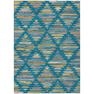 Southwestern Geometric Polyester Area Rug Washable Indoor Outdoor Low Pile Teal Silver