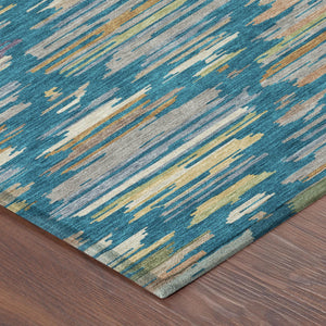 Southwestern Geometric Polyester Area Rug Washable Indoor Outdoor Low Pile Teal Silver