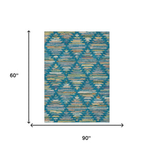 Southwestern Geometric Polyester Area Rug Washable Indoor Outdoor Low Pile Teal Silver