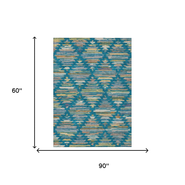 Southwestern Geometric Polyester Area Rug Washable Indoor Outdoor Low Pile Teal Silver