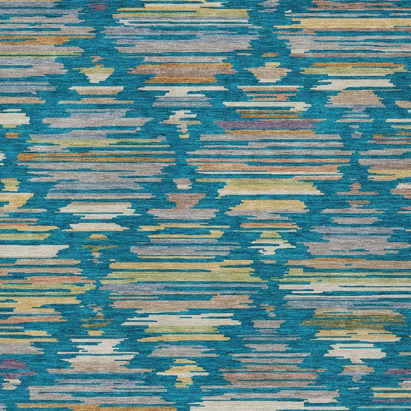 Southwestern Geometric Polyester Area Rug Washable Indoor Outdoor Low Pile Teal Silver
