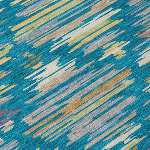 Southwestern Geometric Polyester Area Rug Washable Indoor Outdoor Low Pile Teal Silver