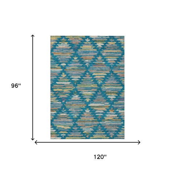 Southwestern Geometric Polyester Area Rug Washable Indoor Outdoor Low Pile Teal Silver