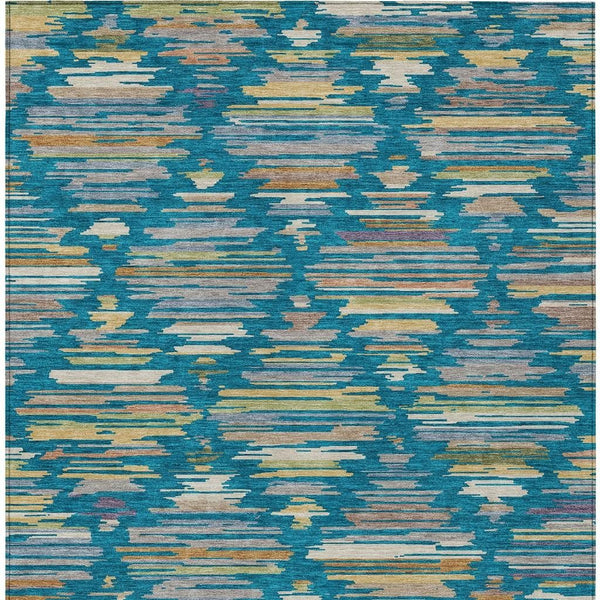 Southwestern Geometric Polyester Area Rug Washable Indoor Outdoor Low Pile Teal Silver