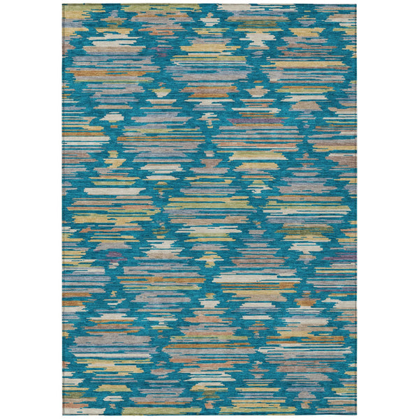 Southwestern Geometric Polyester Area Rug Washable Indoor Outdoor Low Pile Teal Silver
