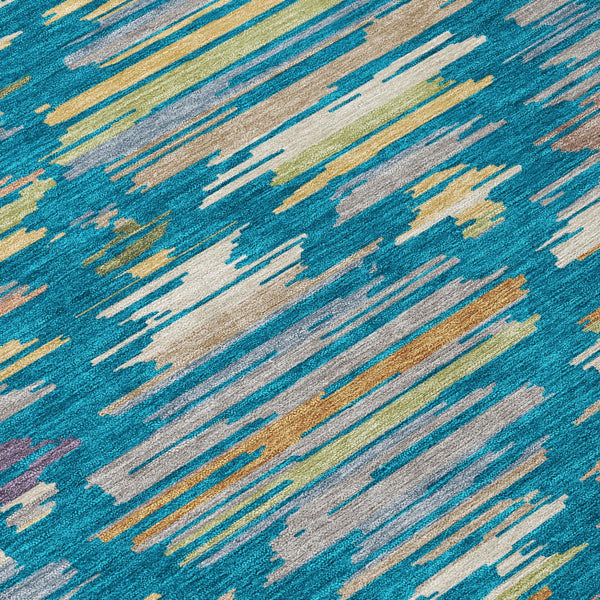 Southwestern Geometric Polyester Area Rug Washable Indoor Outdoor Low Pile Teal Silver
