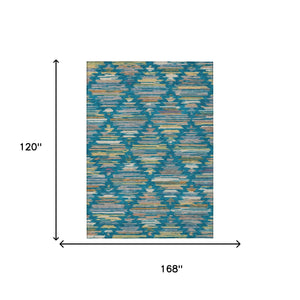 Southwestern Geometric Polyester Area Rug Washable Indoor Outdoor Low Pile Teal Silver