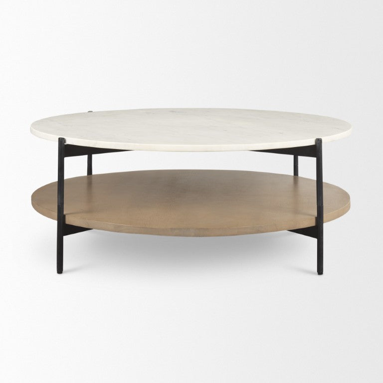 HomeRoots 42 Inch Round Coffee Table with Stone Top Solid Wood Base for Living Room 727806
