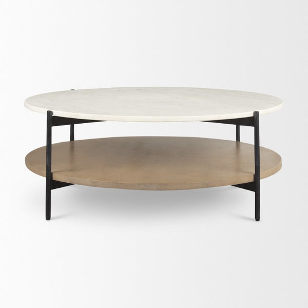 HomeRoots 42 Inch Round Coffee Table with Stone Top Solid Wood Base for Living Room 727806