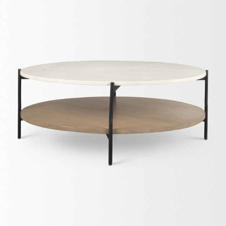 HomeRoots 42 Inch Round Coffee Table with Stone Top Solid Wood Base for Living Room 727806