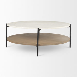 42 Inch Round Coffee Table with Stone Top Solid Wood Base for Living Room