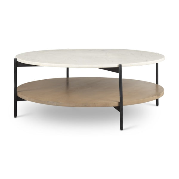 42 Inch Round Coffee Table with Stone Top Solid Wood Base for Living Room