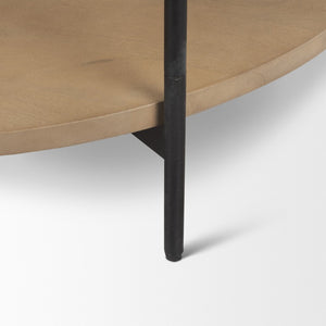 42 Inch Round Coffee Table with Stone Top Solid Wood Base for Living Room