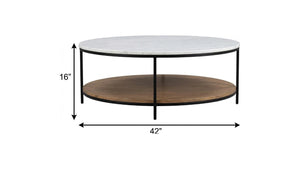 42 Inch Round Coffee Table with Stone Top Solid Wood Base for Living Room