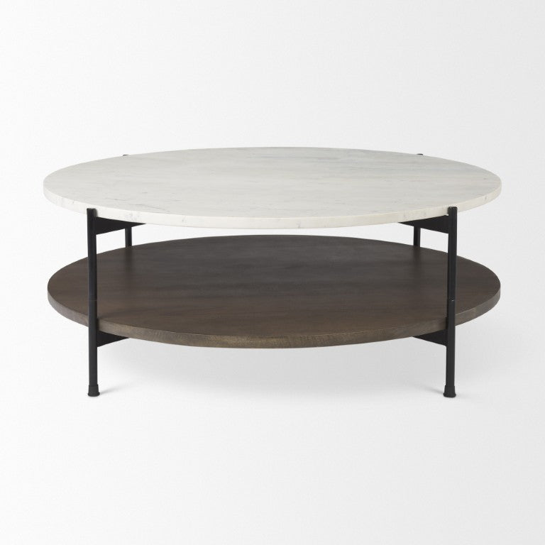 HomeRoots 44 Inch Round Genuine Marble Top Coffee Table Solid Wood Iron Base Living Room 727807