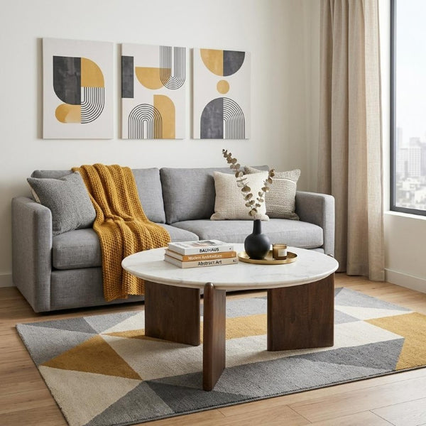 36 Inch Round Genuine Marble Top Coffee Table with Solid Wood Base for Living Room
