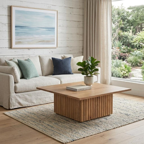 42 Inch Solid Wood Square Coffee Table with Block Legs for Modern Living Rooms