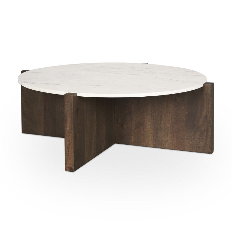HomeRoots 48 Inch Genuine Marble Round Coffee Table with Solid Wood Trestle Base Living Room 727812