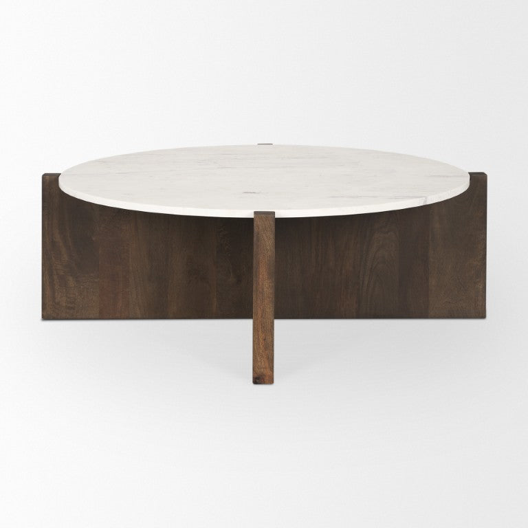HomeRoots 48 Inch Genuine Marble Round Coffee Table with Solid Wood Trestle Base Living Room 727812