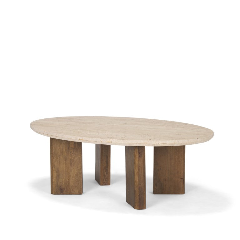 HomeRoots 30 Inch Oval Coffee Table Natural Stone Top Solid Wood Base for Living Room 727813