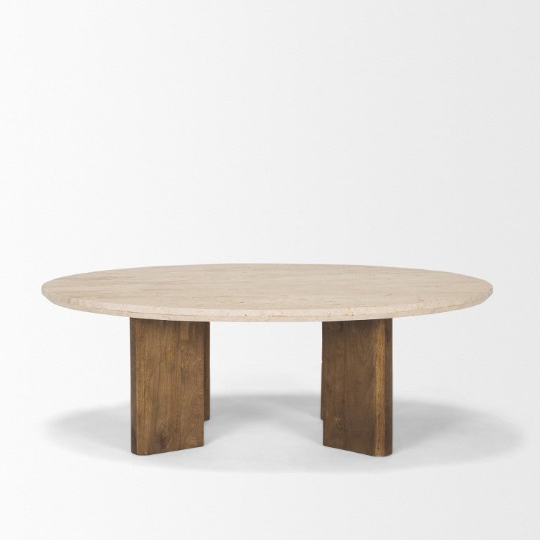 HomeRoots 30 Inch Oval Coffee Table Natural Stone Top Solid Wood Base for Living Room 727813